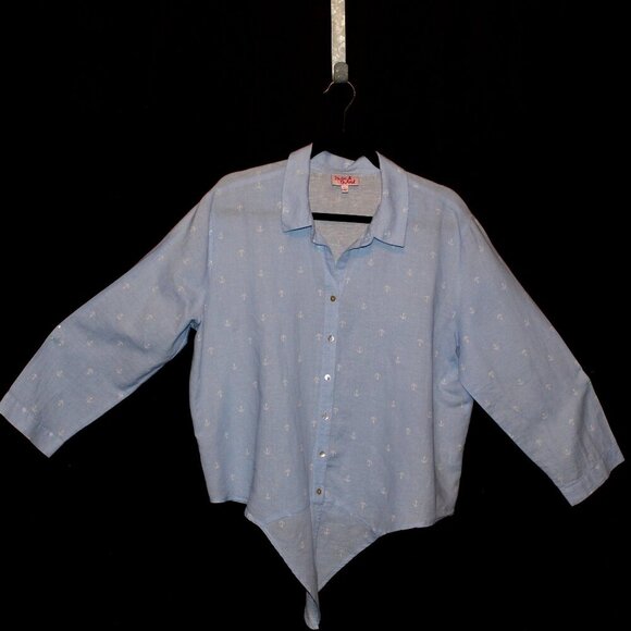 Hester & Orchard, Blouse, XL, Light Blue w/ White Anchor Pattern, 3/4 Sleeve - Picture 1 of 4